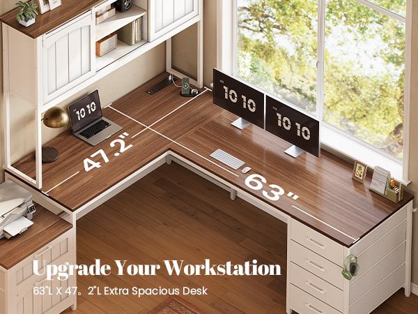 SEDETA 63 Inch Farmhouse L Shaped Office Desk with 6 Drawers Reversible Computer Corner Desk with Power Outlet and Hutch
