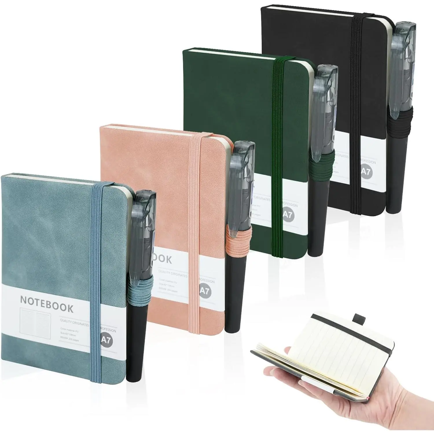 4 count Pocket Notebook, Mini Cute Notebooks, A7 Notebooks with Pen | Small Journal Leather Notepads Hardcover, Notebooks Set Holder Page Marker Ribbons for School Office Memos Supplies 200 Pages