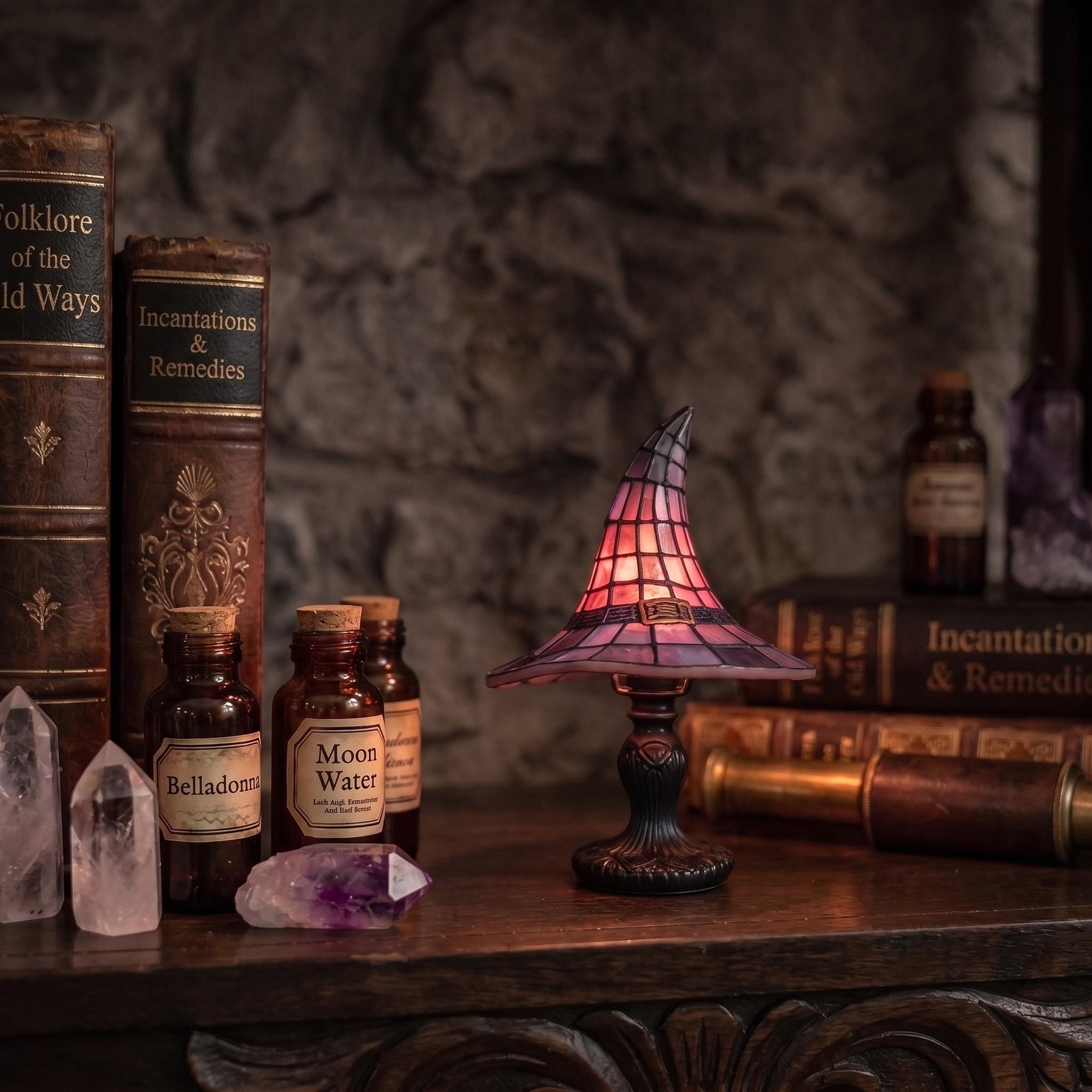 Vintage Stained Glass Witch Hat Lamp, Spooky Glow Nightstand Decor, Gothic Style Gift for Halloween, Unique Home Decoration