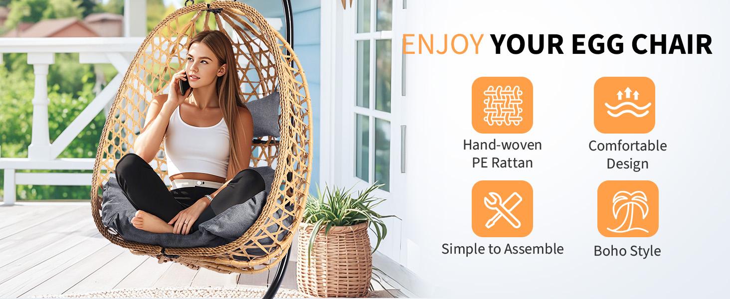 Hanging Egg Chair with Stand – Handwoven Rattan Patio Swing with Cushion, 350lb Capacity – Indoor/Outdoor Chic for Patio, Garden & Poolside