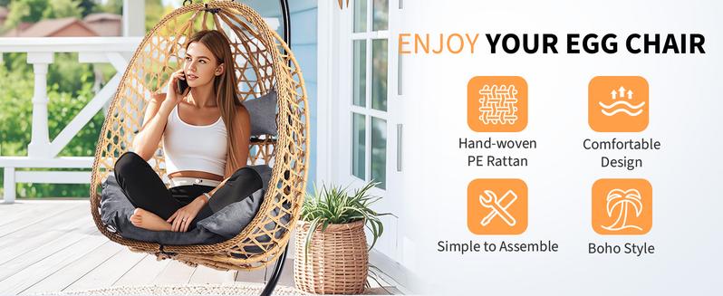 Hanging Egg Chair with Stand – Handwoven Rattan Patio Swing with Cushion, 350lb Capacity – Indoor/Outdoor Chic for Patio, Garden & Poolside Hanging Egg Chair with Stand – Handwoven Rattan Patio Swing with Cushion, 350lb Capacity – Indoor/Outdoor Chic for Patio, Garden & Poolside