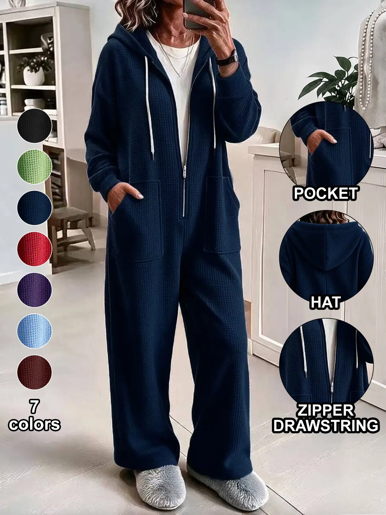 【Black Friday】Women's Plain Hooded Jumpsuit with Pockets, Zipper Front Long Sleeve V Neck Wide Leg, Comfortable Casual Home Wear