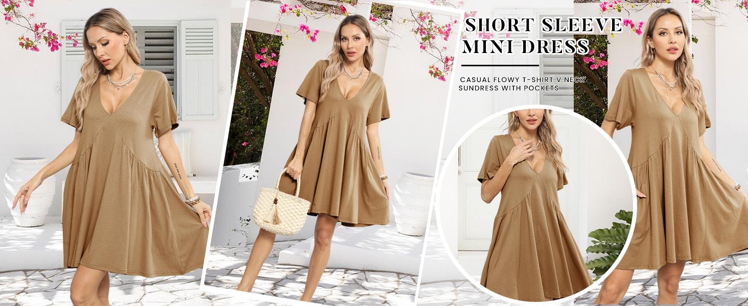 SCUSTY Women's Summer Mini Dress Casual Short Sleeve Loose V Neck Flowy Sundress Vacation Tshirt Sun Dress