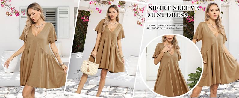 SCUSTY Women's Summer Mini Dress Casual Short Sleeve Loose V Neck Flowy Sundress Vacation Tshirt Sun Dress