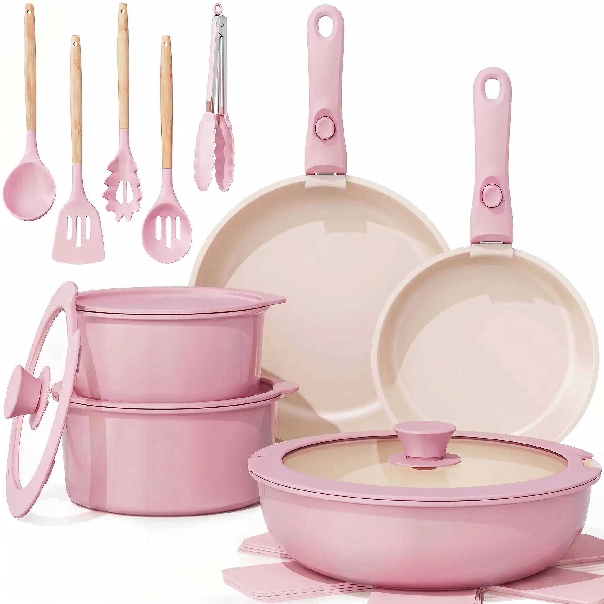 19PCS Non‑Stick Pots & Pans Set, Cookware Set with Detachable Handles, Pink Color Set kitchen supplies, Pans & Woks, Oven Safe Kitchen Cookware Set, Versatile Cooking Set for Home & Camping