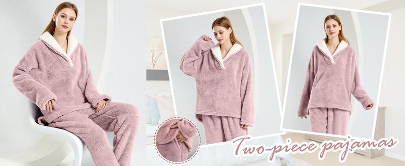 Yimoon Women' s Fluffy Pajamas Set Fleece Pullover Pants Loose Plush Sleepwear 2 Piece Pjs Set Warm Loungewear Fuzzy Outfits