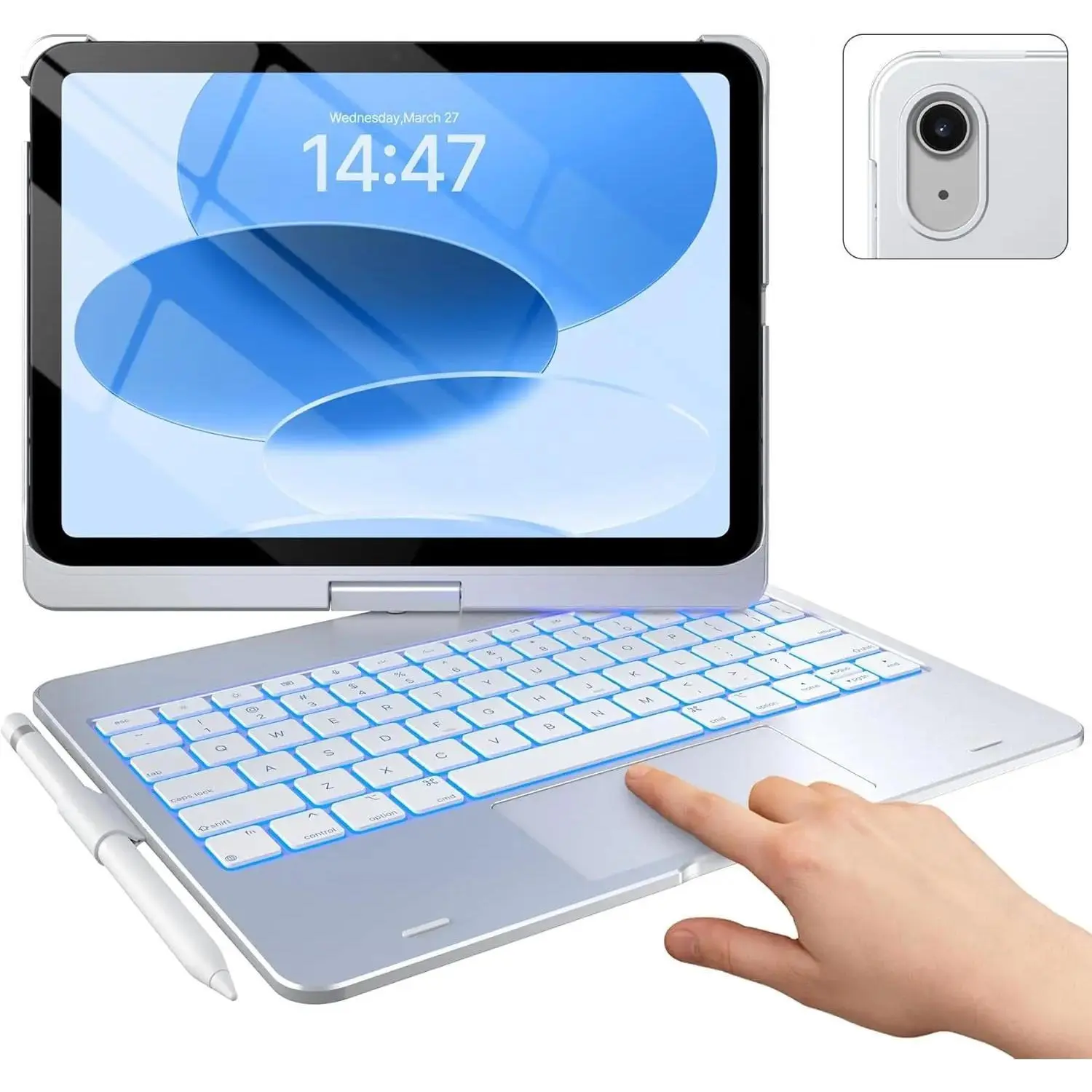 360-Rotatable Backlit Touchpad Keyboard Tablet Accessory, Thin & Light Synthetic Accessories for iPad 10th Gen (10.9in, 2022) & iPad A16 11th Gen (2025), Includes 11-Color Backlit Multi-Touch Trackpad