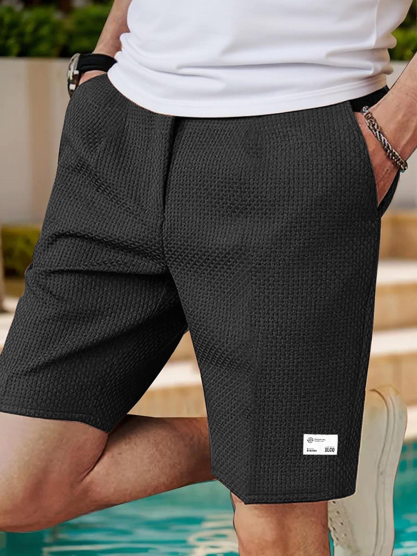 Men's Summer Streetwear Loose Fit Gym Shorts, Elastic Waist Textured Shorts, Trendy Waffle Pattern Lightweight Skateboard Shorts
