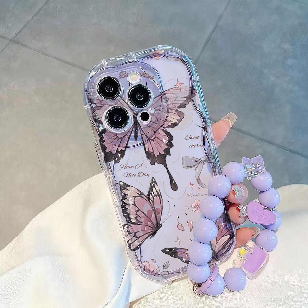 Wave Pattern Purple Butterfly+Purple Hanging Chain Phone Case For VIVO Y21D Y19S  V40 Pro V50 V40 V60 Lite V30Y04 Y04S Y18 Y18E Y29 Y03 Y03T Y28 Y17S Y20 Y20i Y20S Back Cover