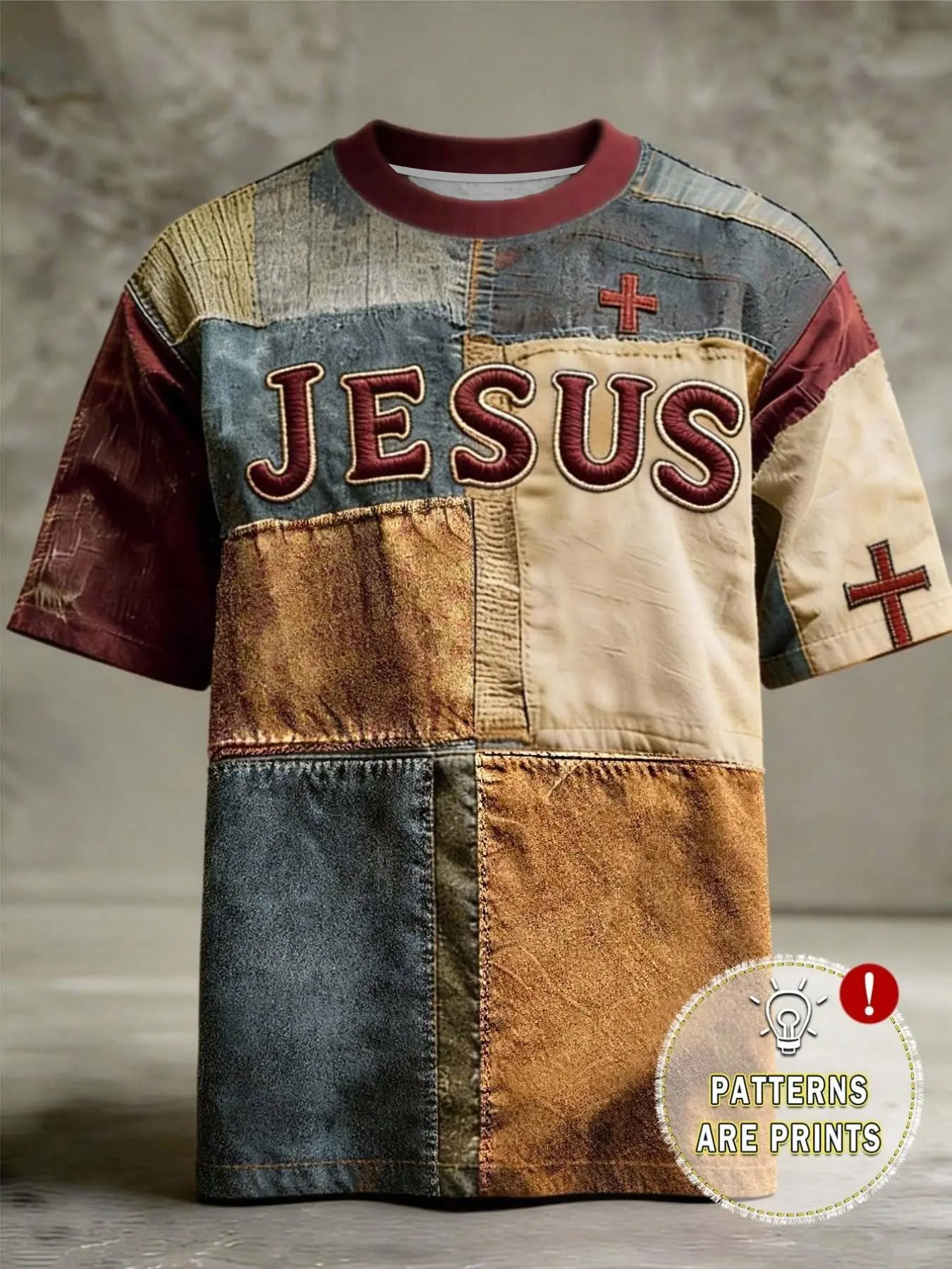 Men's Vintage Patchwork Pattern T-Shirt, menswear, Casual, Vibrant Colors, Comfortable Fit, Jesus Cross Faith Design, Round Neck, Sleeves, Daily Wear