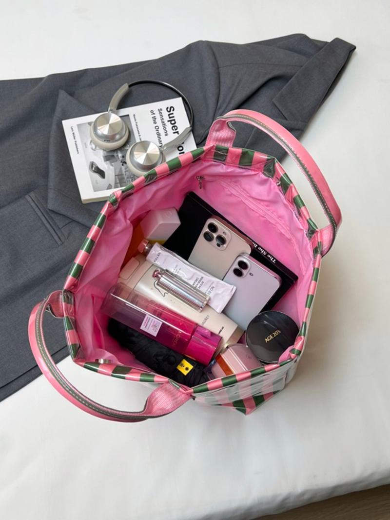 Valentine's Day New Sweet Fresh Stripe Tote Bag, Shiny PVC Large Capacity Commuter Bag, Casual Trendy Bag, Perfect for Spring Summer Shopping