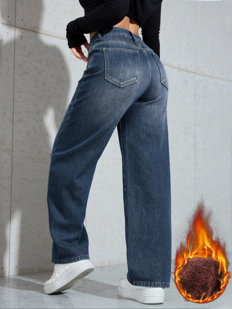 Women's Vintage Fleece Lined Thick Denim Jeans, Fall & Winter Fashion Wide Leg Straight Fit Pants, Elegant Plain Woven Fabric