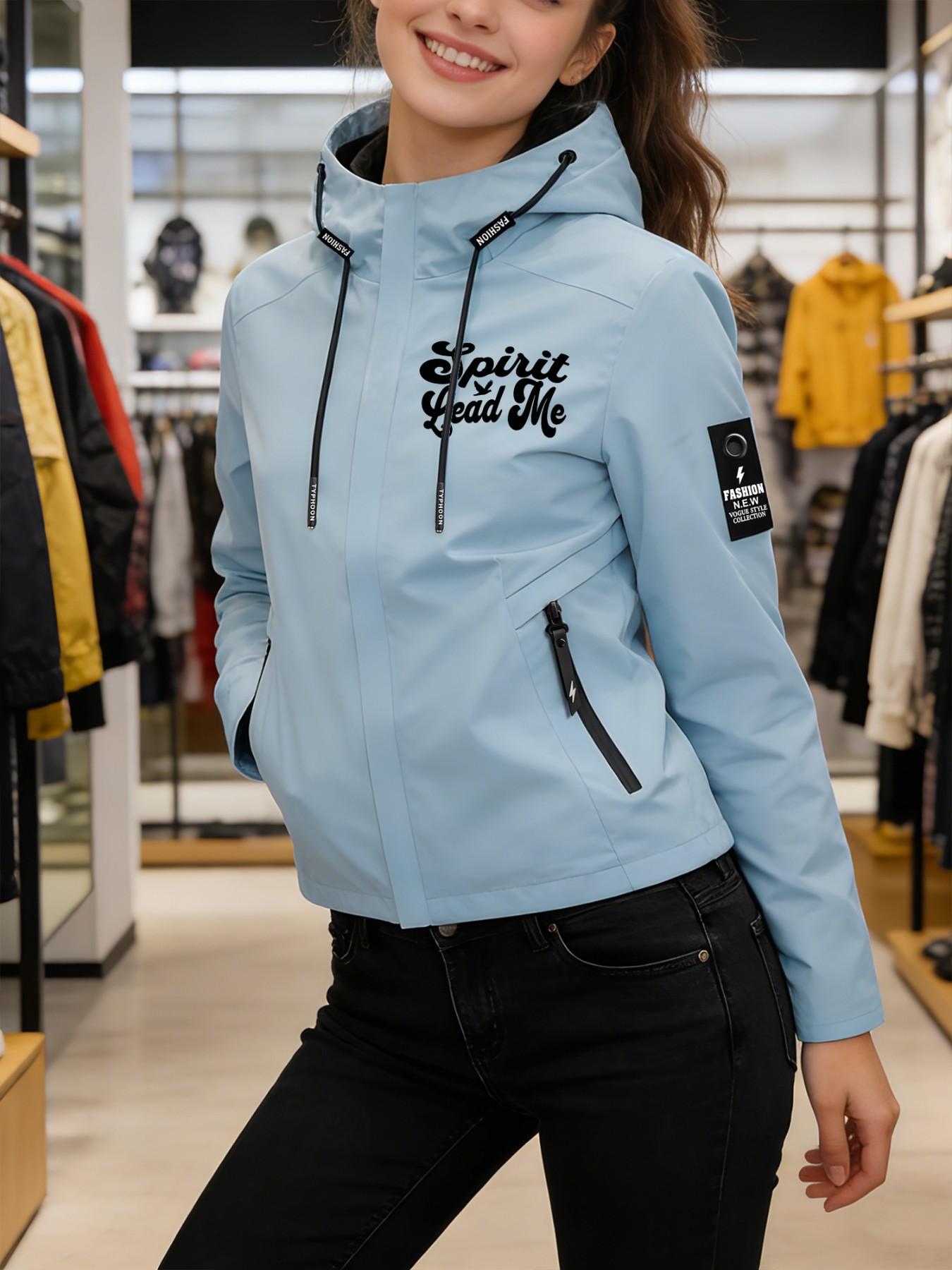 Women's Hooded Windbreaker Jacket Cute Spirit Lead Me Inspirational Letter Print Jacket Two Color Options Hooded Loose All Season Wear Jacket For Daily Commute Outdoor Hiking Clothing Comfortable Breathable Machine Washable Plus Size