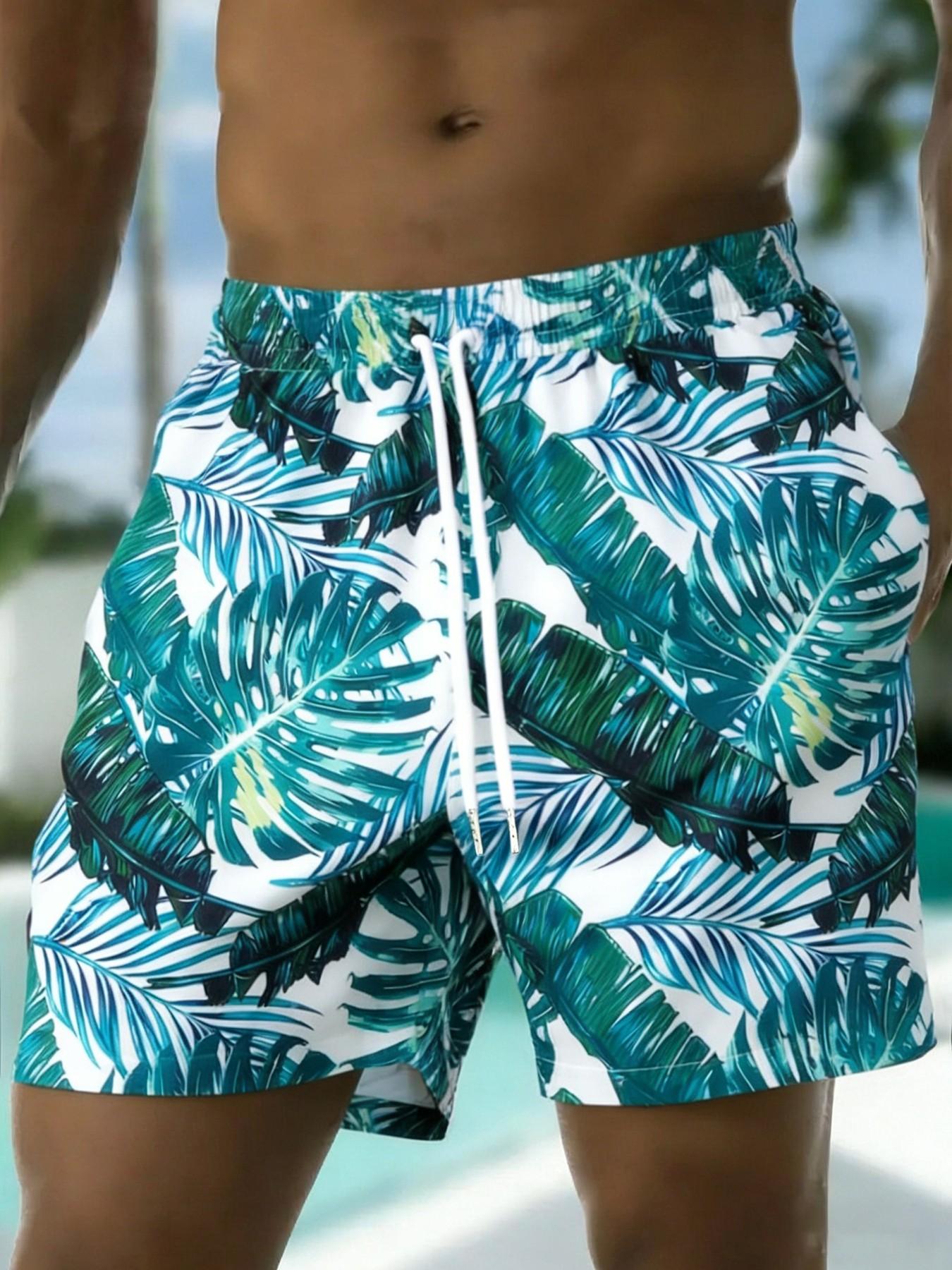 Men's Monkey & Flamingo Print Boxer Brief Swim Trunks, Regular Fit Casual Comfy Swim Shorts for Summer, Men's Swimwear for Beach Vacation