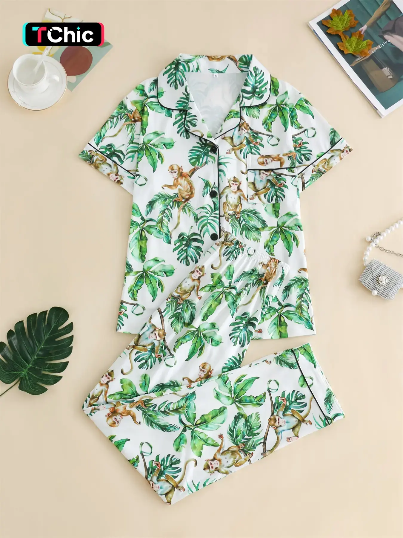 Women's Pajama Set, Tropical Monkey All over Print, Casual Fitted Sleepwear, Matching Sleepwear, Loungewear, Nightwear Lounge Set, Pjs, Pyjamas, Button Front Short Sleeve Top & Loose Long Pants, Cozy Home