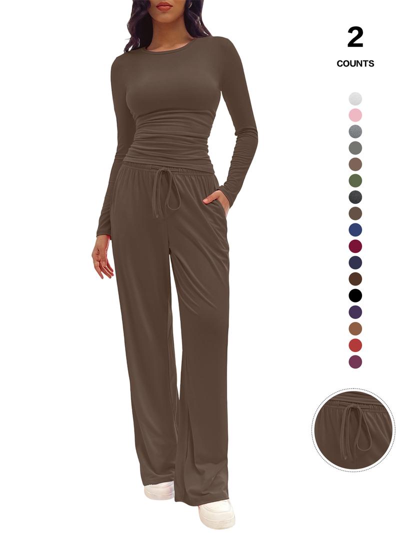 Women's Fitted Two-Piece Lounge Set, Ruched Tee & Drawstring Pocket Pants with Organic Fabric, Casual Daily Wear