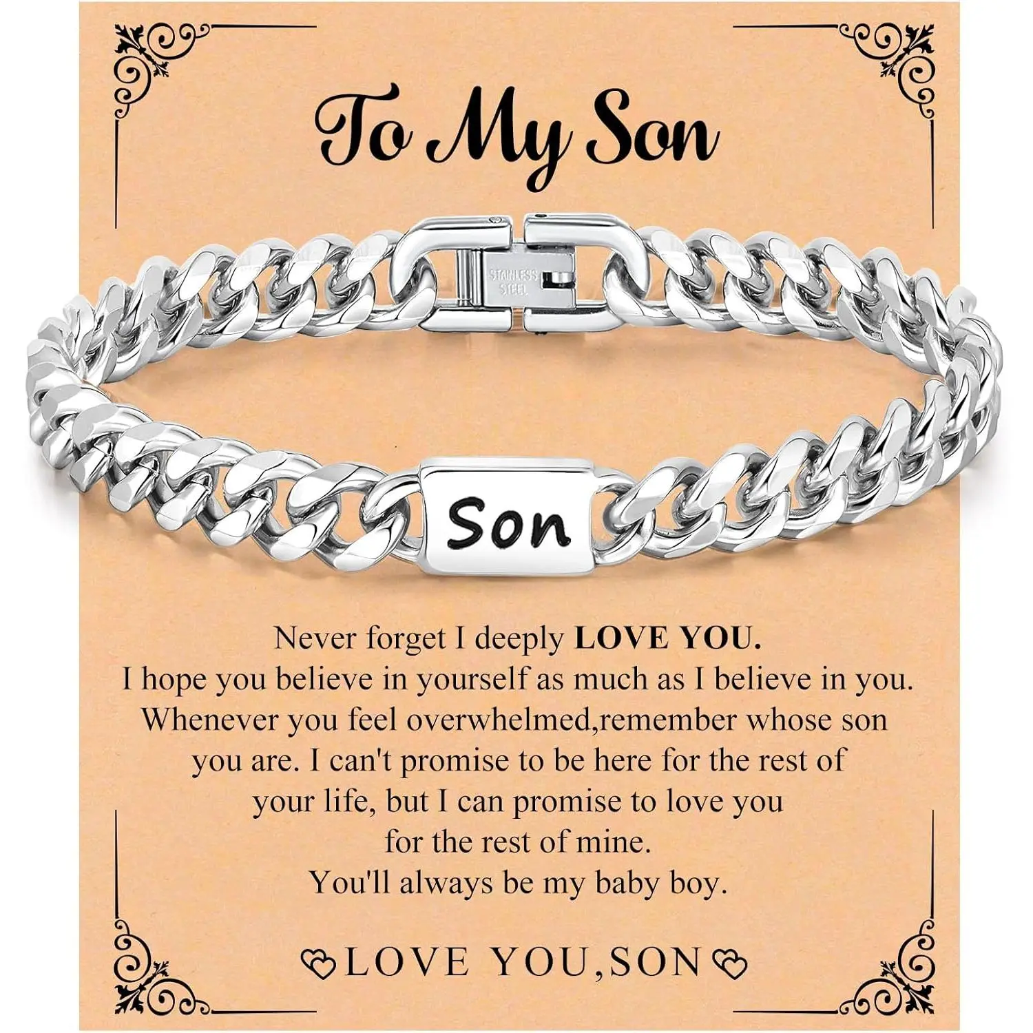 Stainless Steel Bracelet Gifts for Son from Mom Dad -  Cuban Chain Link Men's Bracelet Gifts Classic  Hop Stacking Layered Birthday Christmas Personalized   Gifts for Him