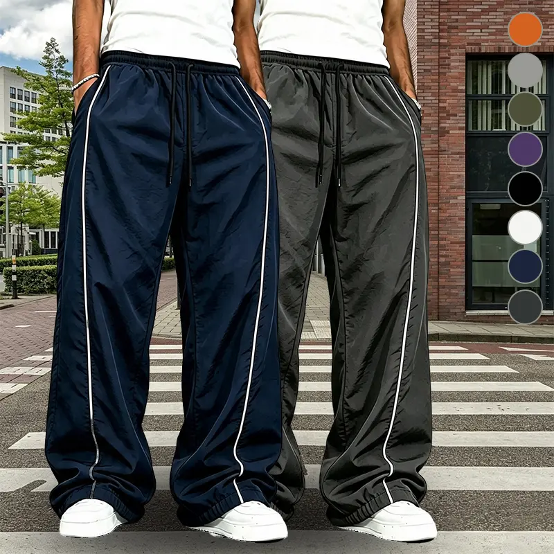 Athletic Loose Fit Running Track Pants for Men, Wrinkle Resistant Quick Dry Fabric, Dual Side White Accent Stripes, Adjustable Drawstring Hem, Elastic Waist Wide Leg Casual Sweatpants Alternative