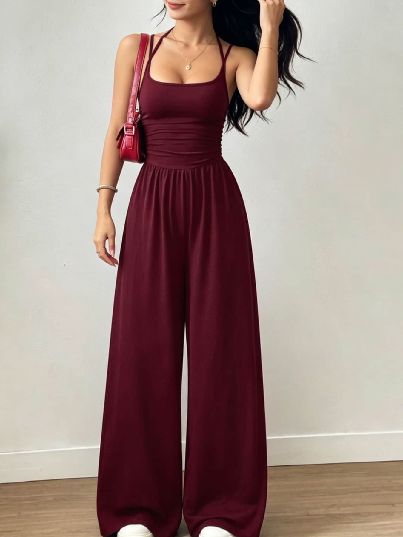 Summer New Fashion Women's Wear Design Double Fine Shoulder Strap One-Piece Wide Leg, Pleated Waist Design, Suitable for Commuting, Daily Wear, Vacation, Home, and Outdoor Adventures