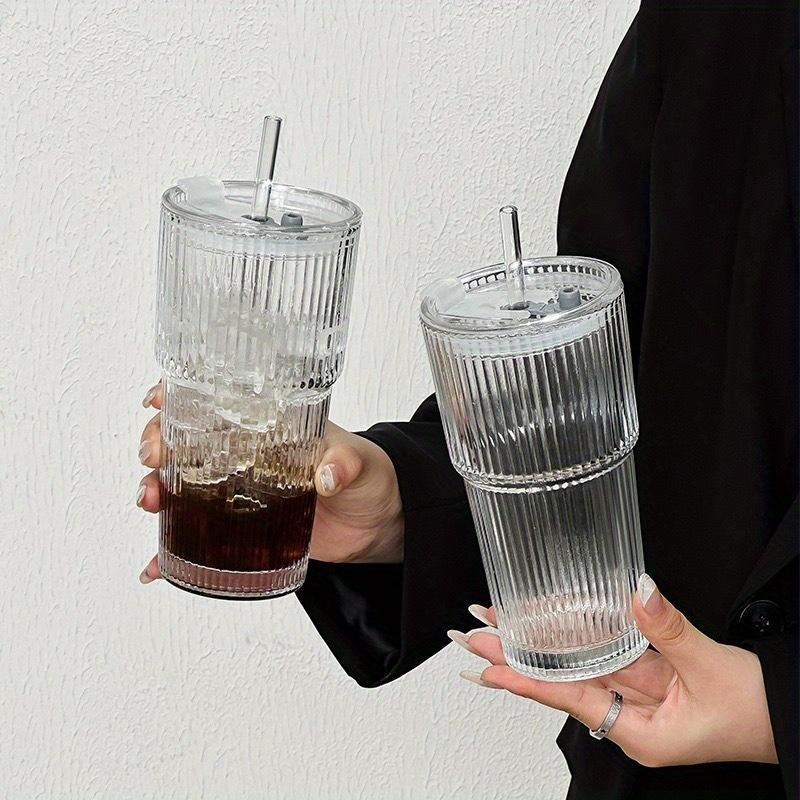 20oz Ribbed Glass Leakproof Tumblers Set of 2/4 with Lids & Straws Durable Reusable Leak-Proof Travel-Ready for Iced Coffee Smoothies Juice Cocktails Washable Stylish Drinkware
