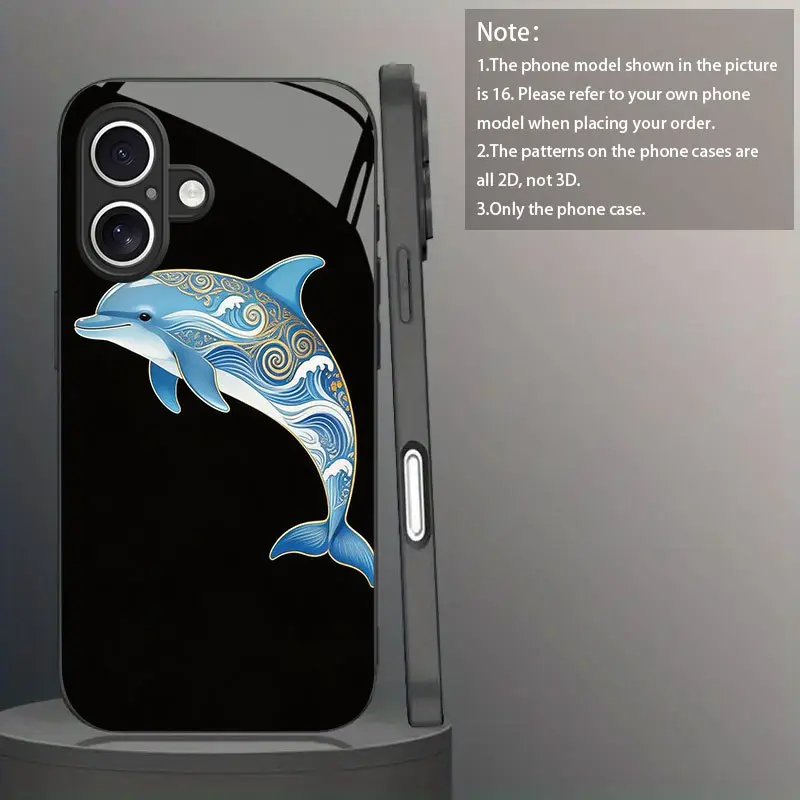 Phone Case: Shockproof and Stylish Black Tempered Glass Phone Case with 2D Dolphin Pattern Print for iphone17 Air 16 15 Pro Max 14 Plus 13 12 11