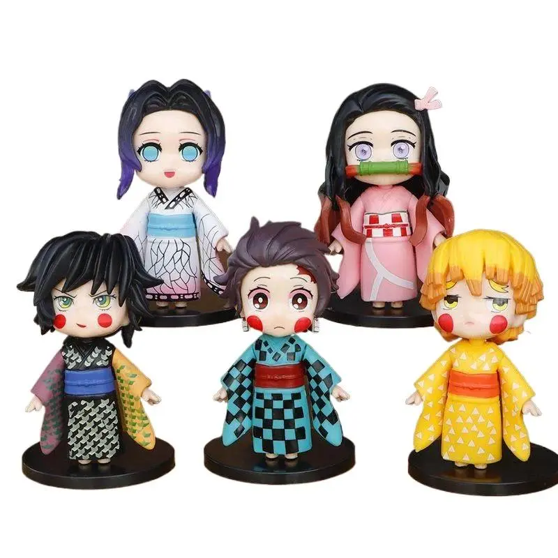 Demon Slayer Q Version Kimono Anime Figures Set 5pcs Tanjiro Nezuko Zenitsu Inosuke Shinobu PVC Doll Toys Gift for Fans