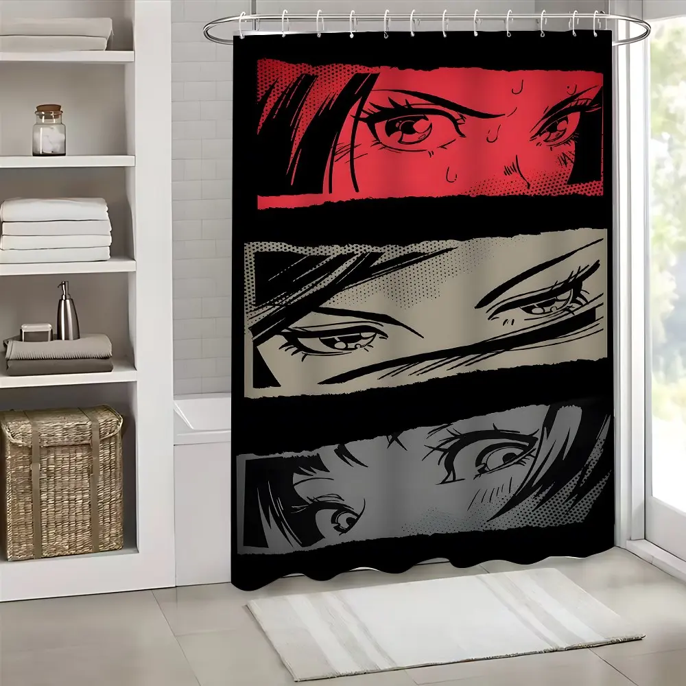 Anime Eyes Shower Curtain Japanese Manga Panel Art Style Water Resistant HD Digital Print Durable Fabric Machine Washable Easy Installation Multiple Size Options With 12 Plastic Hooks For Family Bathroom Apartment Dormitory Decor