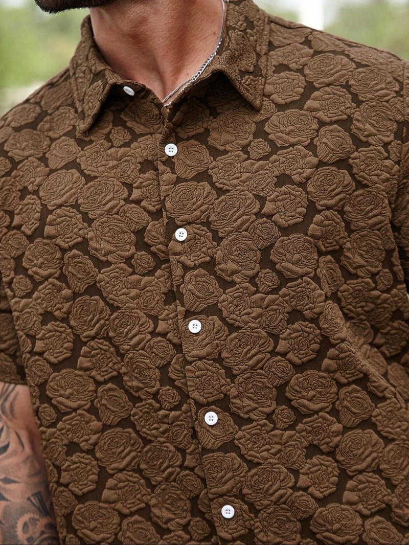 【Plus Size】 Men's Rose Print Short Sleeve Shirt, Regular Fit Casual Button Closure Top for Summer, Men's Clothes for Beach Vacation, Menswear