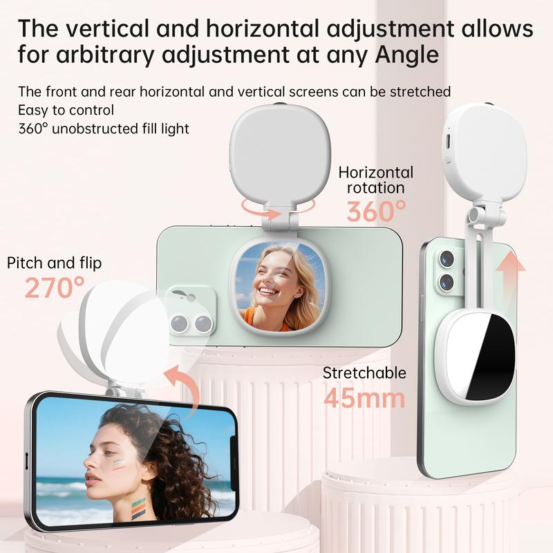 Magnetic Selfie Light for Phone with Mirror, Retractable Foldable Pocket Size Portable Mini Ring Light for Phone, Dimmable Fill LED Phone Light, Selfie Led Lights for Video Recording/Live Streaming/Makeup/Vlog