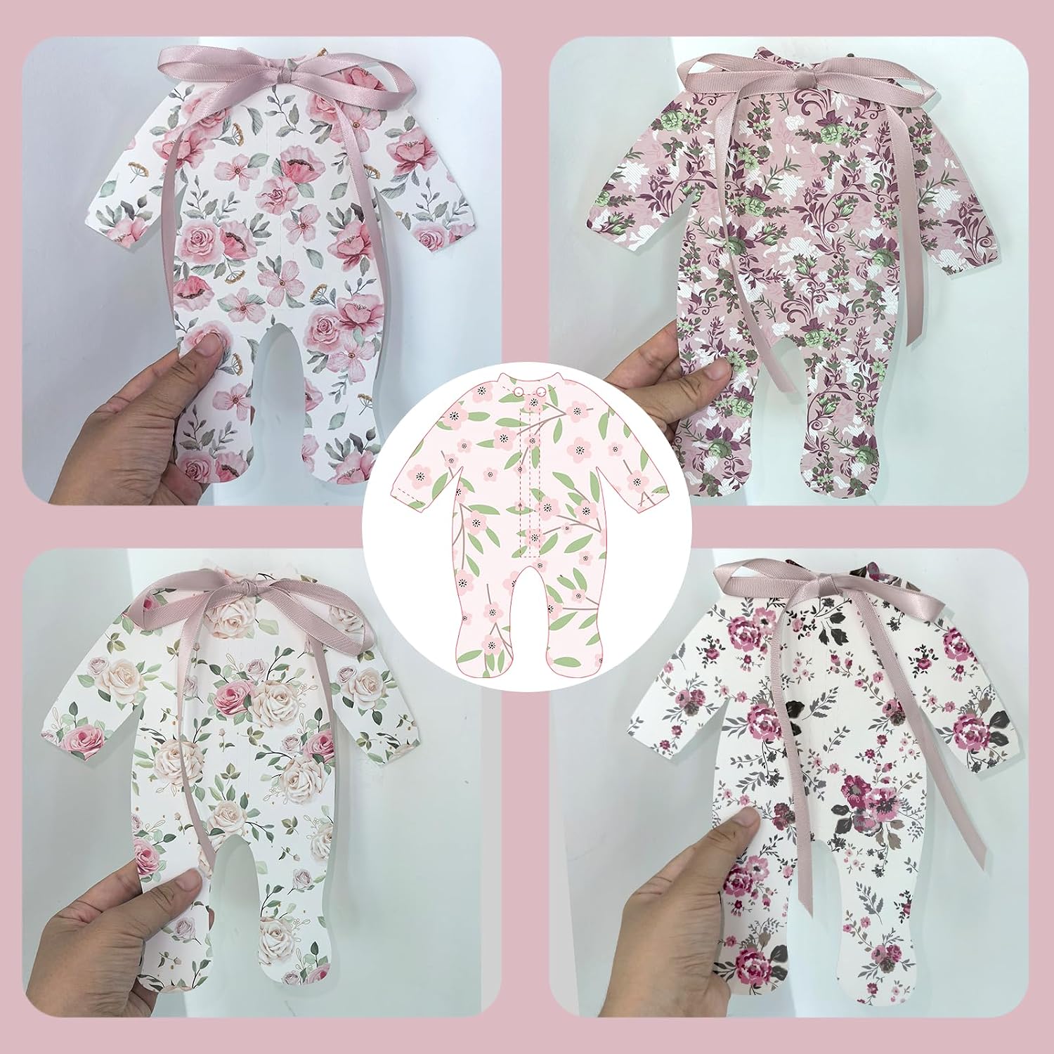 Baby Shower Decorations - Blush Pink Floral Paper Pajama Banner with Ribbon Bows, Shabby Chic Wildflower Garland for Gender Reveal, 10ft Jute Rope Vintage Nursery Wall Decor