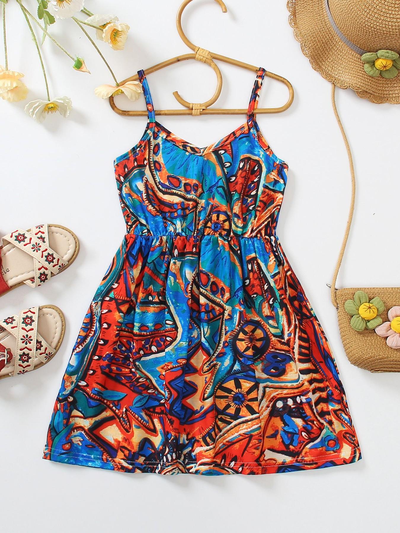 Girls' Ethnic Style Halter Dress, Knee-Length Ditsy Floral Dress, Casual Fitted Dress, Spring Summer Essential