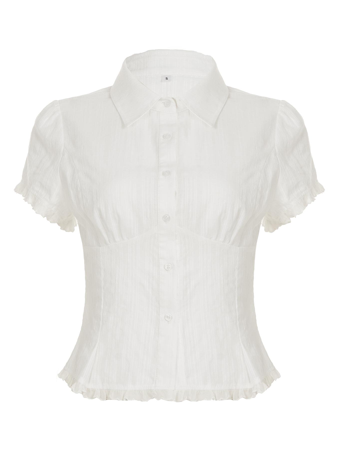 Women's Lace Trim Collar Short Sleeve Shirt Blouse, Summer Simple Button-Up Top, Elegant Casual Wear, Perfect for Daily