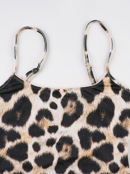 Lace Trim Leopard Print Spaghetti Strap Top & High Waist Shorts Set, Y2K Style Summer, Slim-Fit Women's Clothing