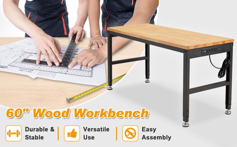 Height Adjustable Workbench 60" 2000 Lbs Capacity Solid Wood Work Station Heavy-Duty Work Tables with Power Outlets for Garage Party Shop Office
