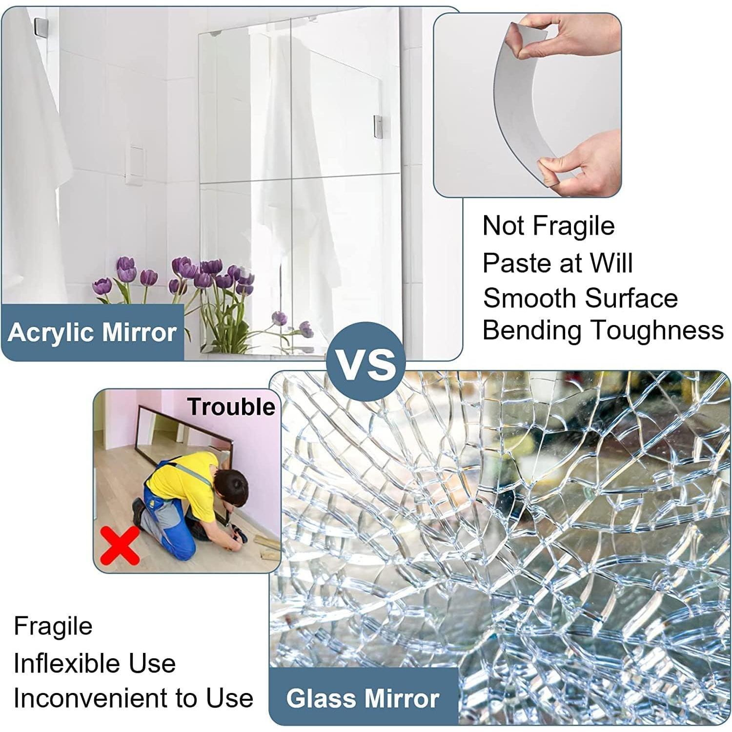 4 Pack Self Adhesive  Mirror, 12X 12 Inch Mirror Tiles,Flexible Plastic Mirrors Sheets Wall Stickers,2MM Thick Mirrors,Frameless Small Mirror