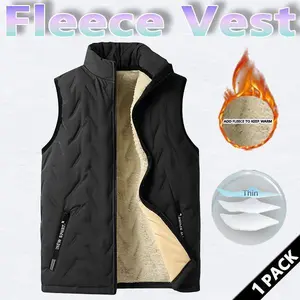 Men's winter thermal vest, wool lining, regular fit, polyester fiber, zipper design, machine washable, casual style, medium size men's top, solid color vest, wetsuit, tractor pattern, beige, black, crew neck, lightweight. SpringStatements