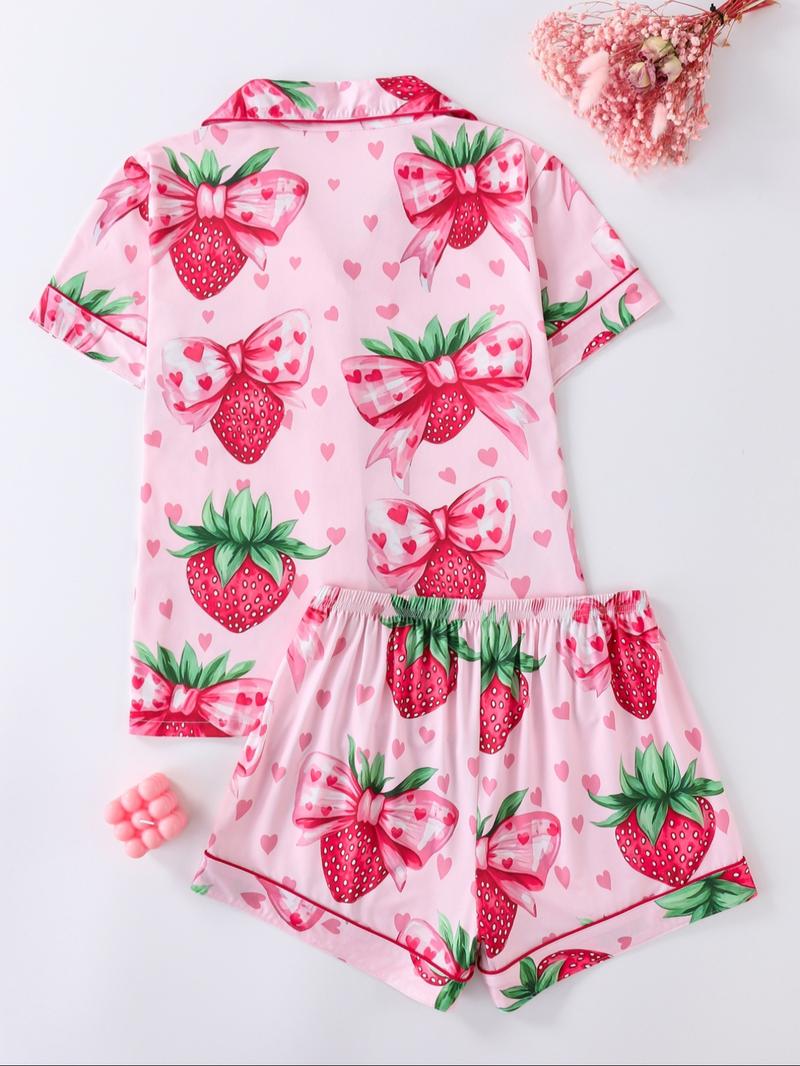 Women's Strawberry & Heart Print Lapel Neck Shirt & Shorts Pyjama Two-piece Set, Ladies Sleepwear for All Seasons, Loungewear