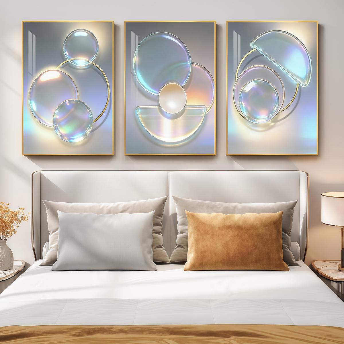 3 Counts Aluminum Alloy Framed Painting, Abstract Iridescent Glass Circles Design, Home Decoration For Living Room, Bedroom, Office, Restaurant, Hallway Wall Decor, Odorless Print Artwork, Luxury Perfect Gift For Friends And Family