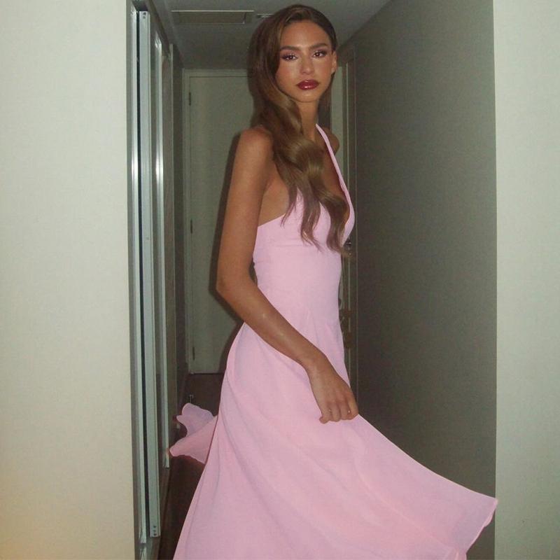 Women‘s Mesh Solid Ruched Sleeveless Halter Slip Dress, Plain Slim Fit V-neck Backless Elegant Pleated Midi Dress, Party Club Date Holiday Daily Casual Dresses For Ladies All Seasons Summer Fashion Clothes