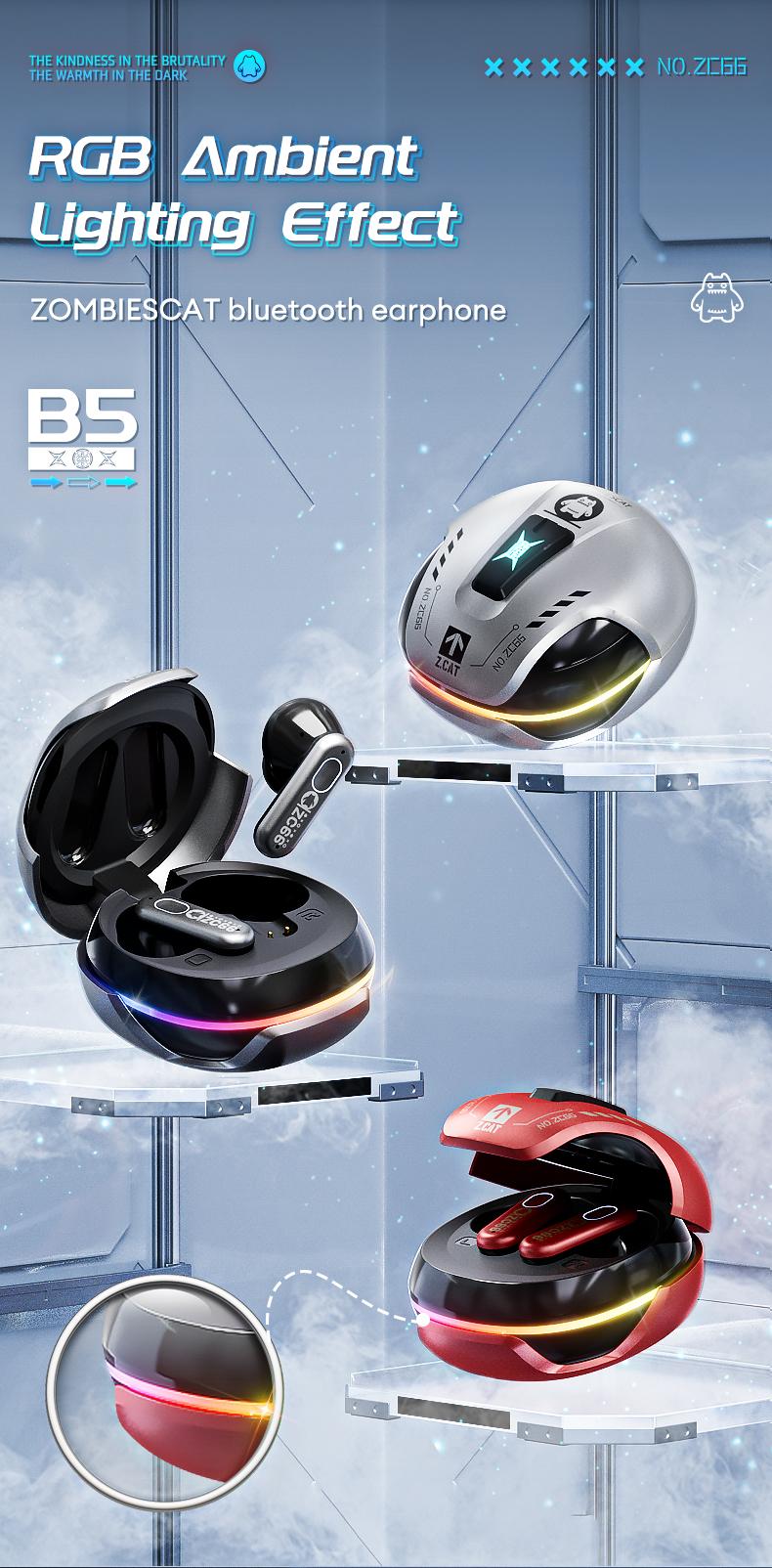 ZOMBIESCAT B5 In-Ear Wireless Headphones with Bluetooth 5.4, ANC TWS Earbuds with RGB Ambient Lighting, Ergonomic Comfort Design, IPX4 Waterproof, Audio Wireless Headsets for Music & Phone Calls