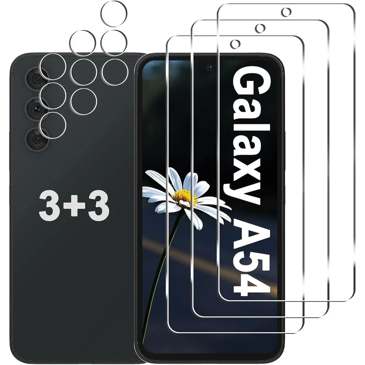 [3+3] Screen Protector for Samsung Galaxy A54 5G, 3 Pack Tempered Glass & 3 Pack Camera Lens Protector, 9H Hardness, HD Clear, Case Friendly