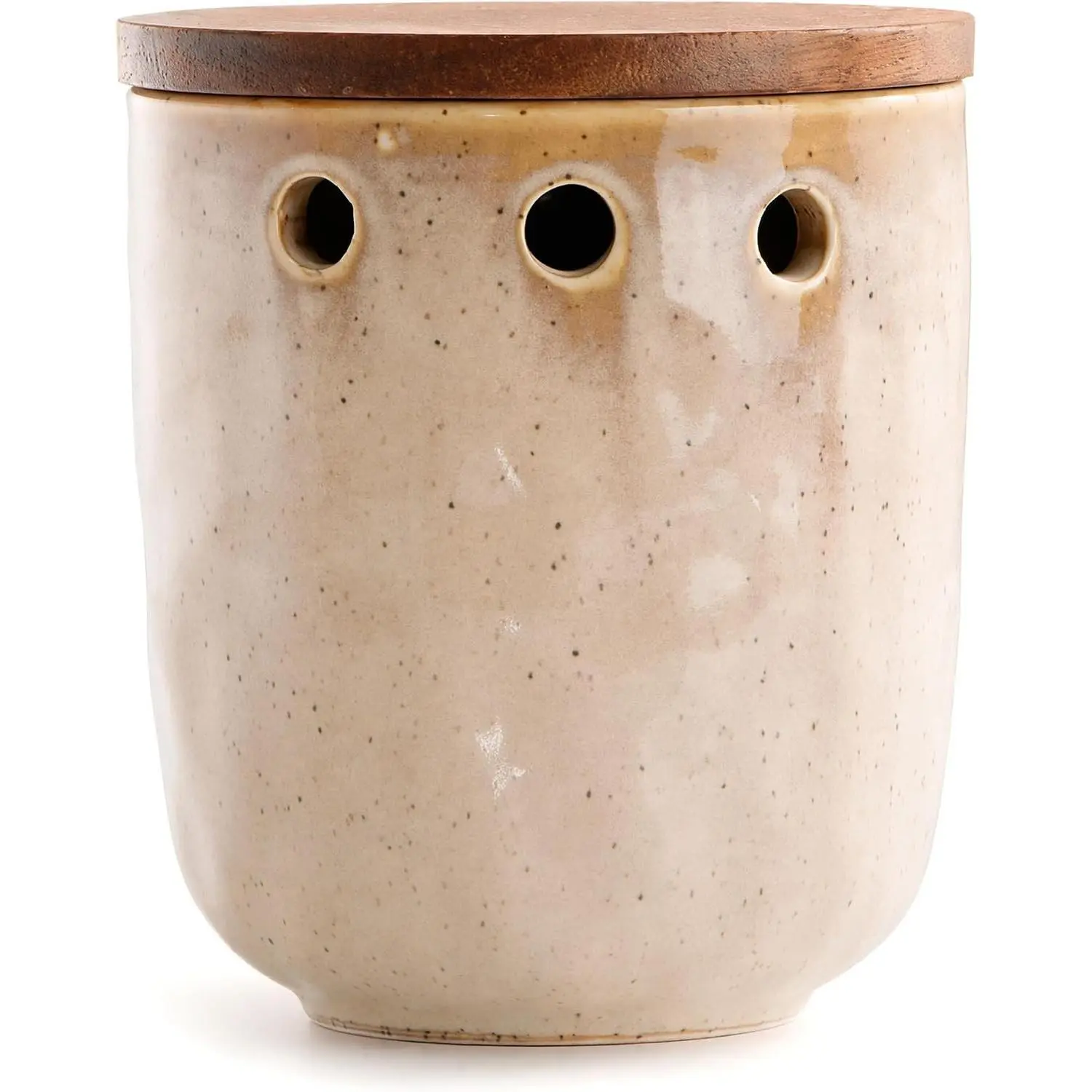 Garlic Keeper with Wood Lid, Ceramic Garlic Saver, Large Garlic Holder | 4.5 Inch Storage Container for Kitchen Counter, Reactive Glaze Brown