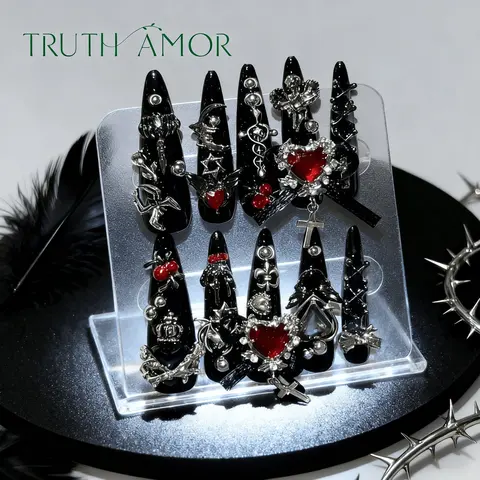 10PCS TRUTH AMOR Viral Ins Black Gothic Stiletto Handmade Press On Nails 4 Sizes Red Heart Cross Crown Ribbon Rhinestone Charms Reusable With Jelly Tabs Pusher File Y2K Styling For Date Small Party Daily Outing Teen Girls Nail Beginners