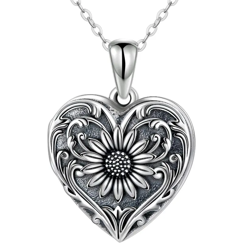 Vintage Sunflower Heart Locket Necklace that Holds Pictures, 925 Silver Plated Engraved Picture Locket Pendant, You Are My Sunshine Memorial Jewelry Gift
