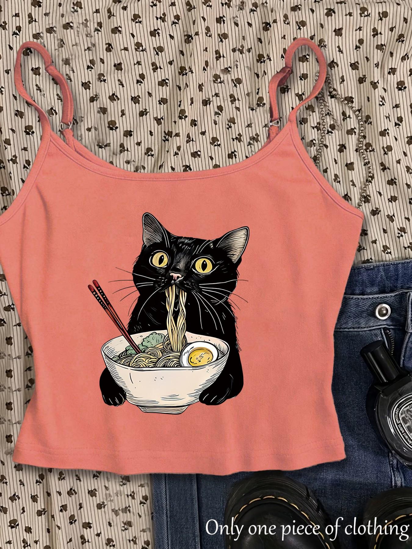 Y2K Gothic Style Cat Print Crop Top, Adjustable Straps, Slim Fit, Sleeveless, Streetwear, Summer New Arrival, Daily Wear, Office