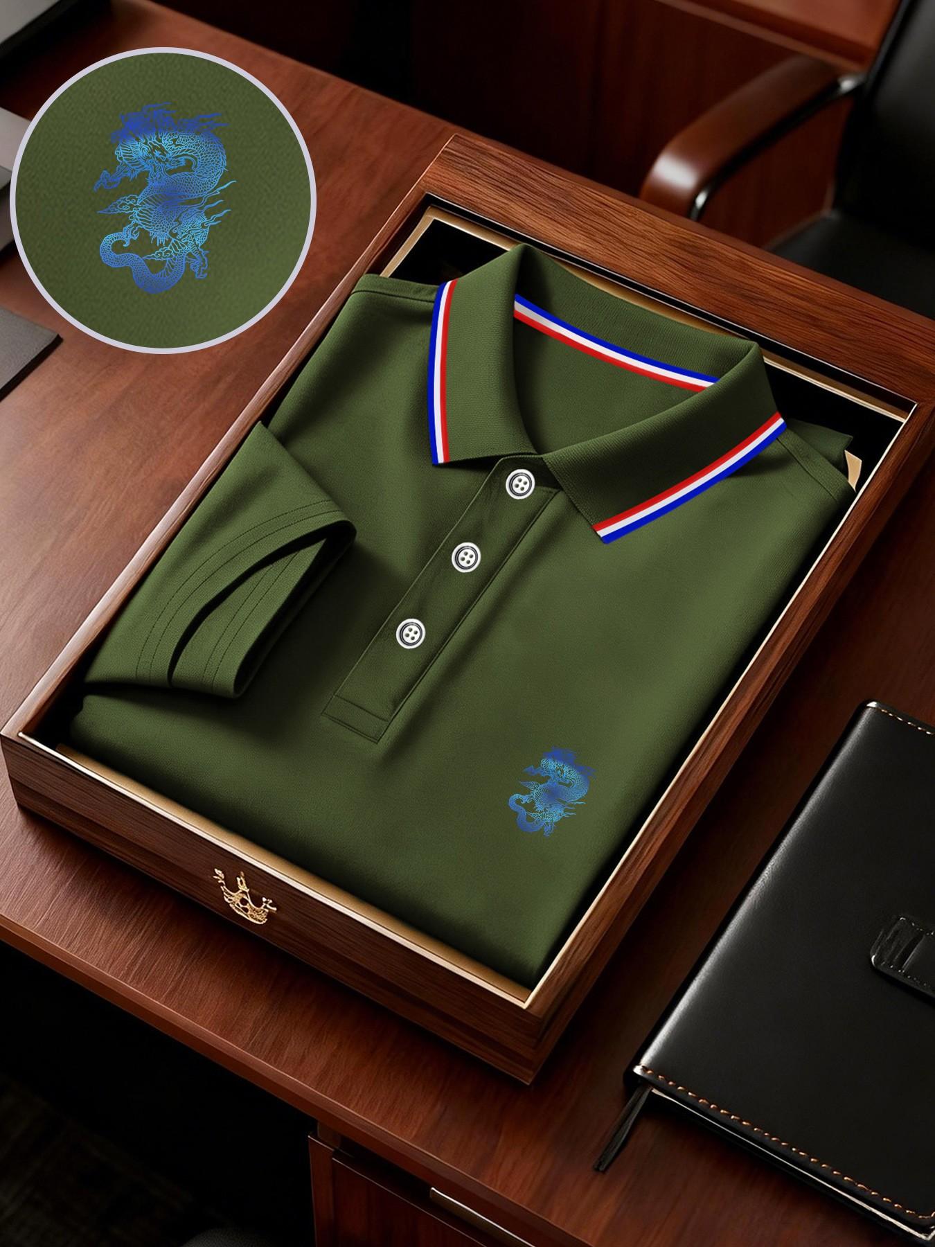 Men's Geometric Print Polo Shirt, Loose-Fit Short Sleeve, Breathable Elastic Fabric, Casual Business Tee, Spring Summer Outdoor Wear