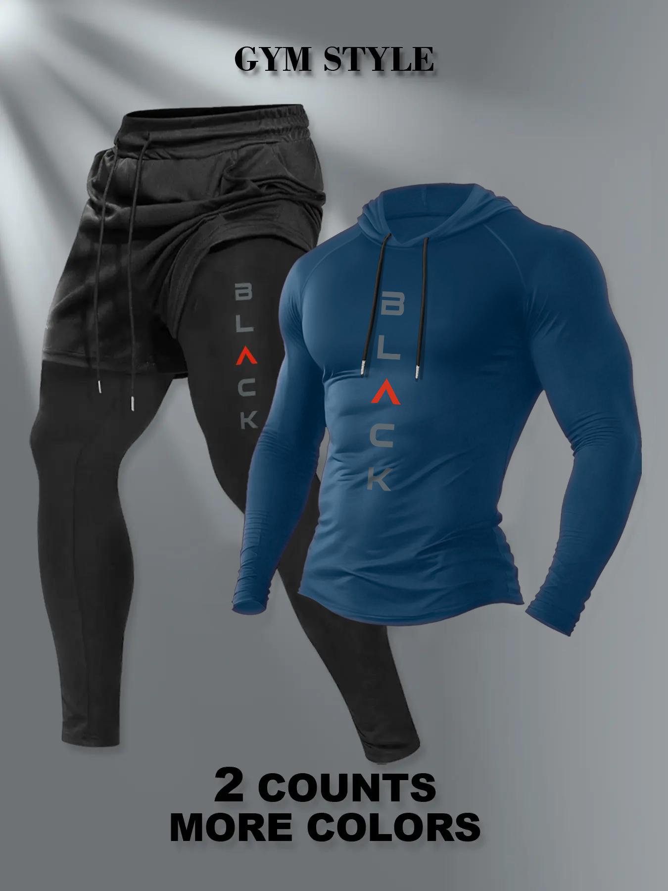 Men's Hooded Long Sleeve T-Shirt + Faux Two-Piece Pants Set, Stylish Casual Fall & Winter, Moderate Fabric, Fitted Style