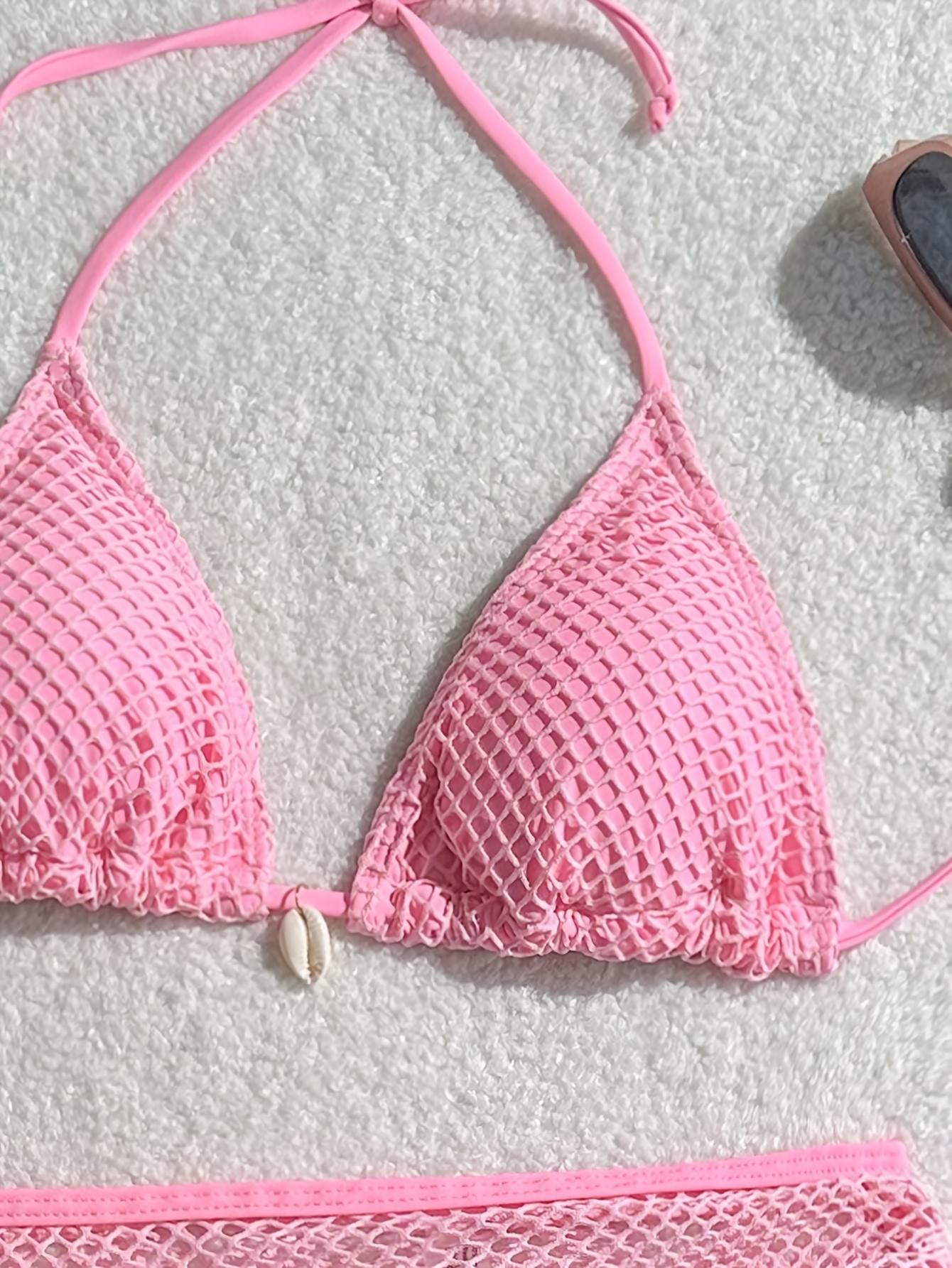 3pcs Bikini Set, Fresh Pink Color Scheme + Honeycomb Mesh Texture Fabric + Shell Decoration + Neck Triangle Cup, Split Bikini 3pcs Set, Pink Mesh Bikini 3pcs Set, Shell Decoration Neck Swimsuit,crystals bikini,thong bikini,chic design,mesh top,sport bra