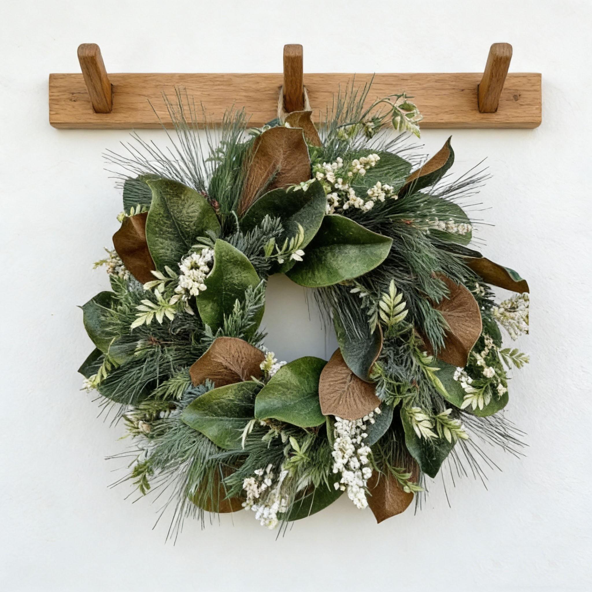 Realistic Magnolia Leaf Front Door Wreath, Summer Greenery Wreath with Pine Needles & Berries, Fall Thanksgiving Decor, All-Season Door Hanger