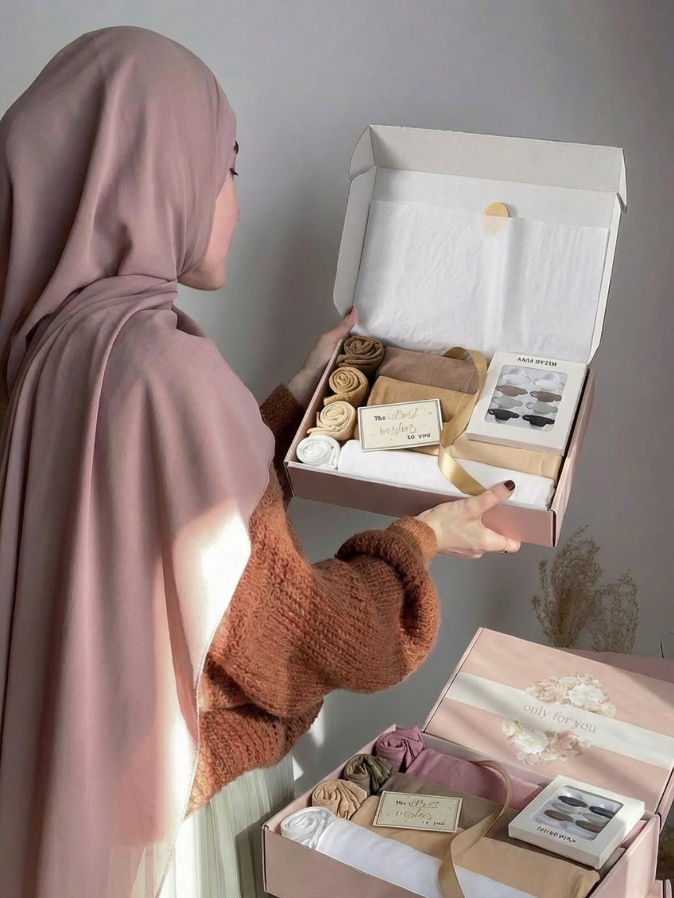 8pc Fashion Gift Box Set, 4pc Elegant Turban Hijab & 4pc Tube Hat Sleep Cap, Soft Breathable Fabric, Suitable for All Seasons, Perfect Gift